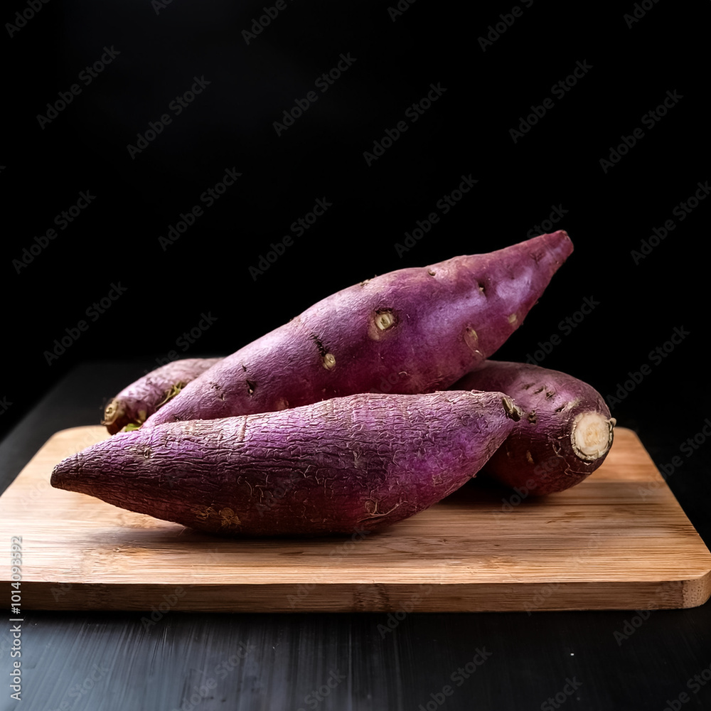 Fototapeta premium purple sweet yam with a clear and sharp appearance placed on a cutting board on a black background