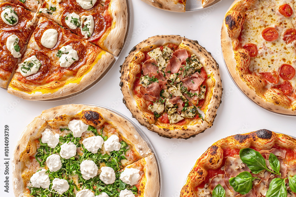an assortment of Italian pizzas from above, focus on varied toppings and textures, isolated on white background an assortment of Italian pizzas from above, focus on varied toppings and textures, isolated on white background