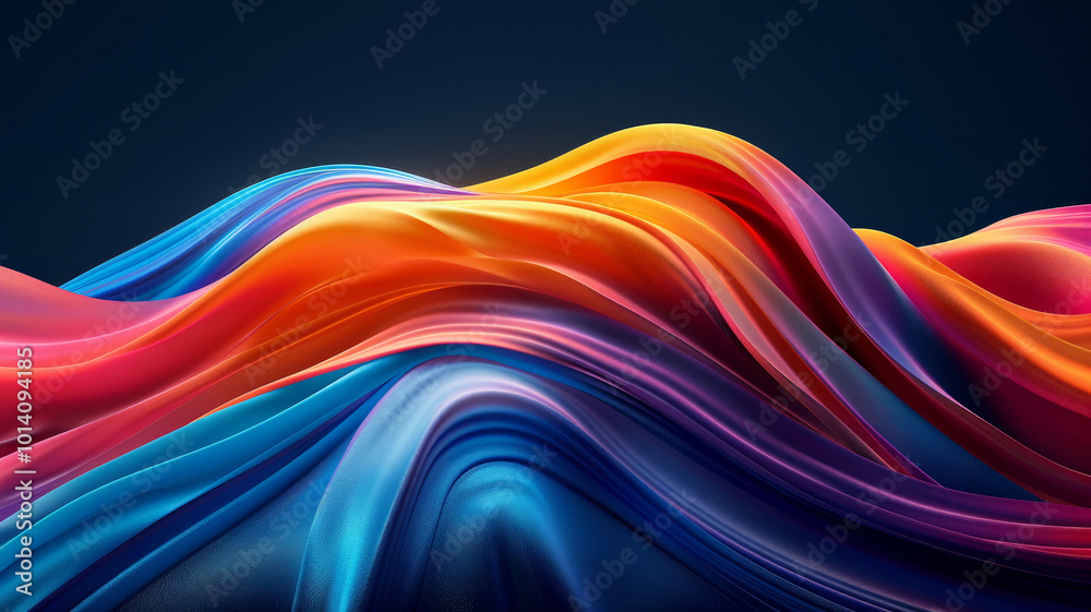 Vivid waves of color blend seamlessly into one another, creating a dynamic visual experience. The undulating forms evoke movement and energy in rich shades of blue, pink, and orange.