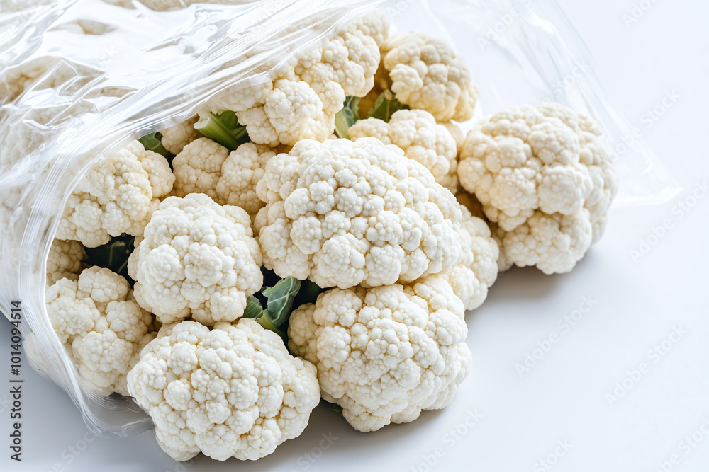 a fresh, crisp cauliflower head in a clear plastic bag a fresh, crisp cauliflower head in a clear plastic bag