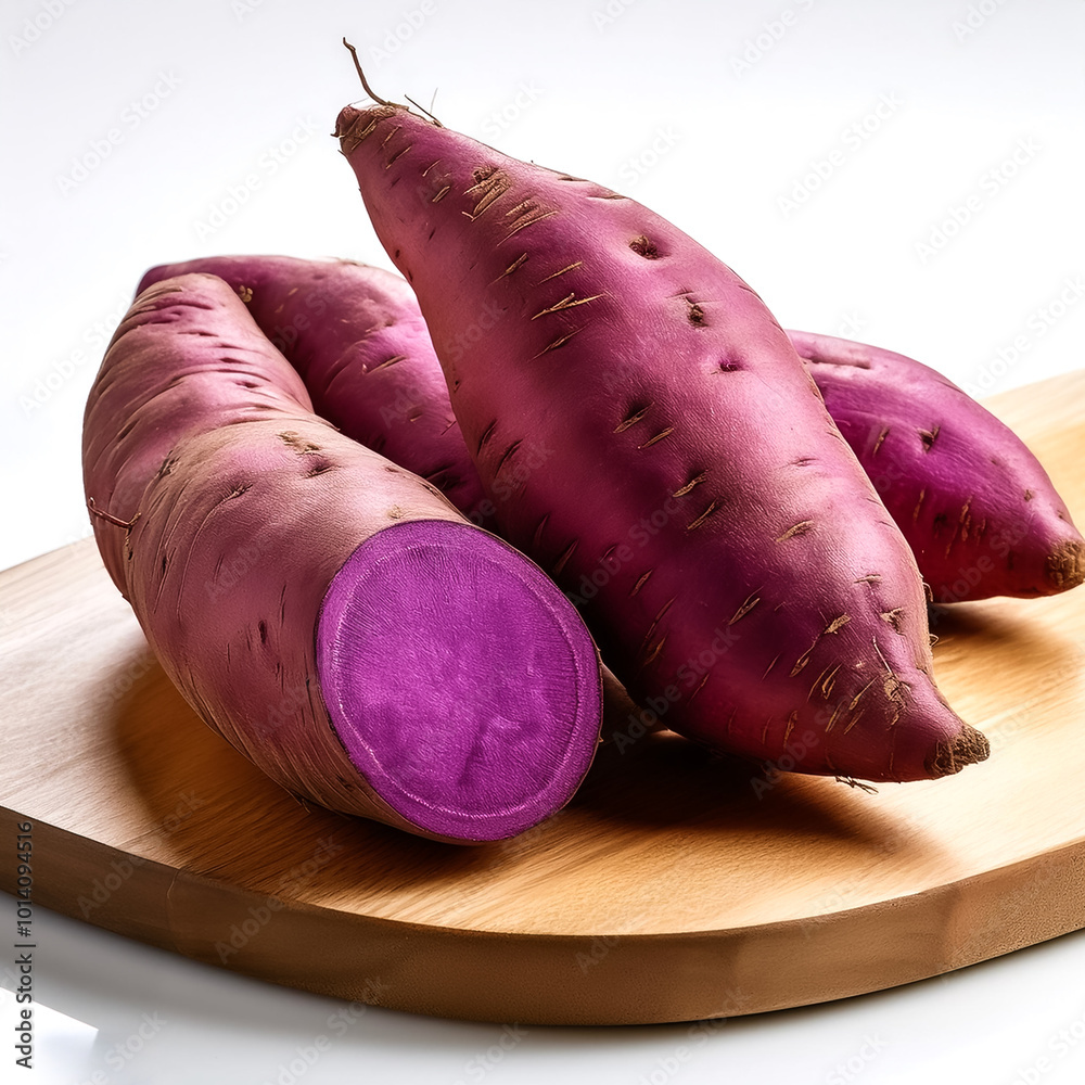 purple sweet yam with a clear and sharp appearance placed on a cutting board on a white background purple sweet yam with a clear and sharp appearance placed on a cutting board on a white background