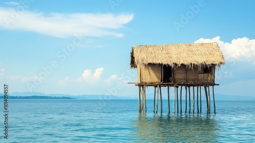 A traditional stilt house stands above calm, clear ocean waters, with a bright blue sky in the background, capturing serene coastal living in a tropical setting. 