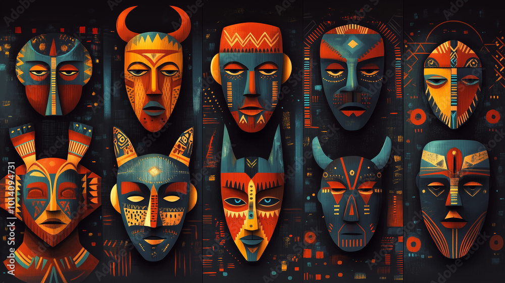 Colorful tribal masks with intricate patterns. Colorful tribal masks with intricate patterns.