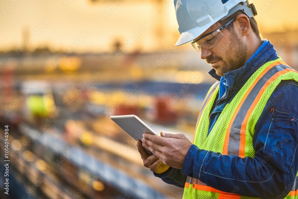 Fototapeta premium A photo of a construction worker or engineer on a job site, intently focused on a tablet or mobile device in his hands. generative ai