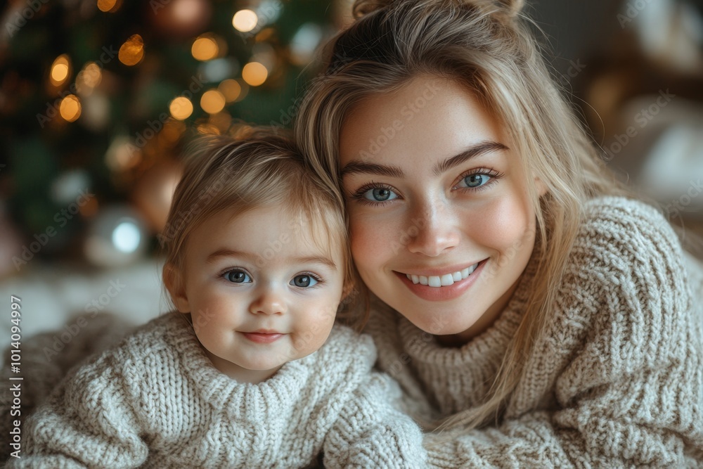 Beautiful young mother and her adorable little baby in warm knitted hats and scarves on the background of the Christmas tree. Happy family concept. Beautiful young mother and her adorable little baby in warm knitted hats and scarves on the background of the Christmas tree. Happy family concept.
