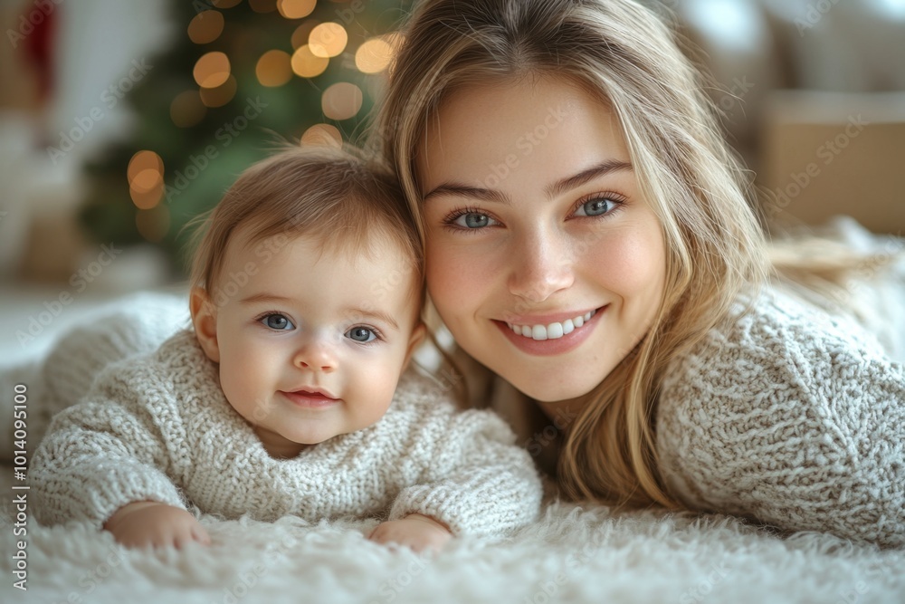 Beautiful young mother and her adorable little baby in warm knitted hats and scarves on the background of the Christmas tree. Happy family concept. Beautiful young mother and her adorable little baby in warm knitted hats and scarves on the background of the Christmas tree. Happy family concept.