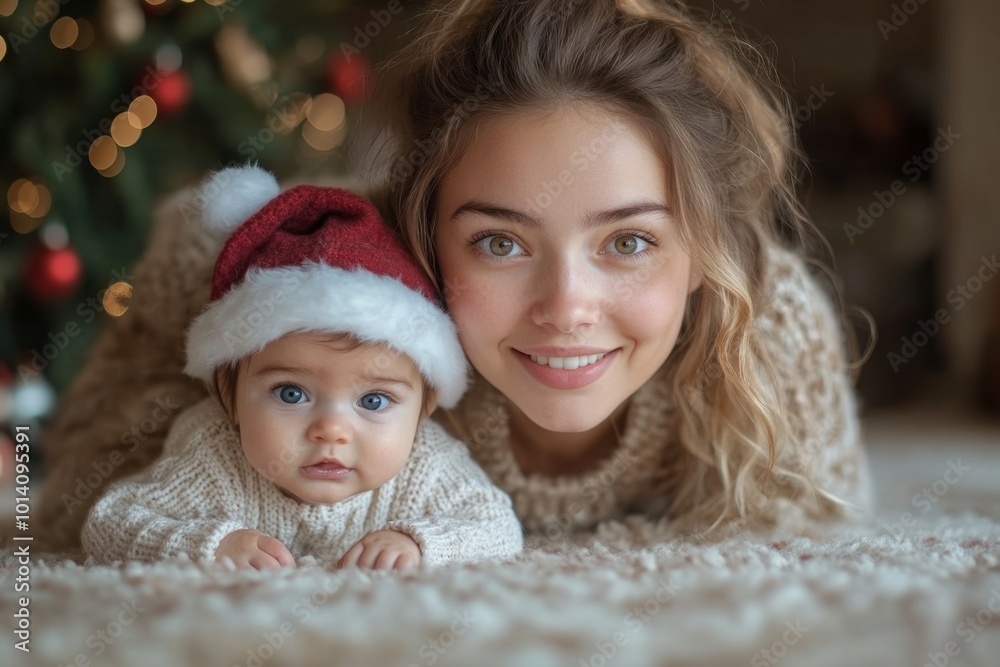 Baby wearing santa hat. Beautiful young mother and her adorable little baby in warm knitted hats and scarves on the background of the Christmas tree. Happy family concept. Baby wearing santa hat. Beautiful young mother and her adorable little baby in warm knitted hats and scarves on the background of the Christmas tree. Happy family concept.