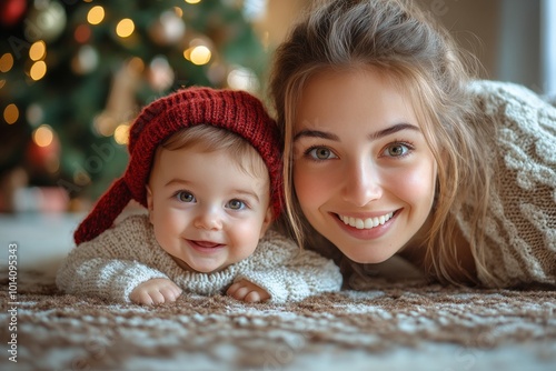 Baby wearing santa hat. Beautiful young mother and her adorable little baby in warm knitted hats and scarves on the background of the Christmas tree. Happy family concept.