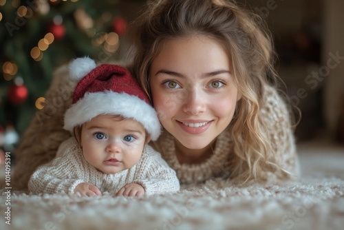 Baby wearing santa hat. Beautiful young mother and her adorable little baby in warm knitted hats and scarves on the background of the Christmas tree. Happy family concept.