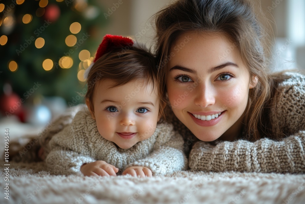 Beautiful young mother and her adorable little baby in warm knitted hats and scarves on the background of the Christmas tree. Happy family concept. Beautiful young mother and her adorable little baby in warm knitted hats and scarves on the background of the Christmas tree. Happy family concept.