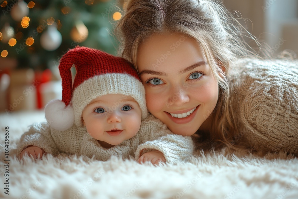 Beautiful young mother and her adorable little baby in warm knitted hats and scarves on the background of the Christmas tree. Happy family concept. Beautiful young mother and her adorable little baby in warm knitted hats and scarves on the background of the Christmas tree. Happy family concept.