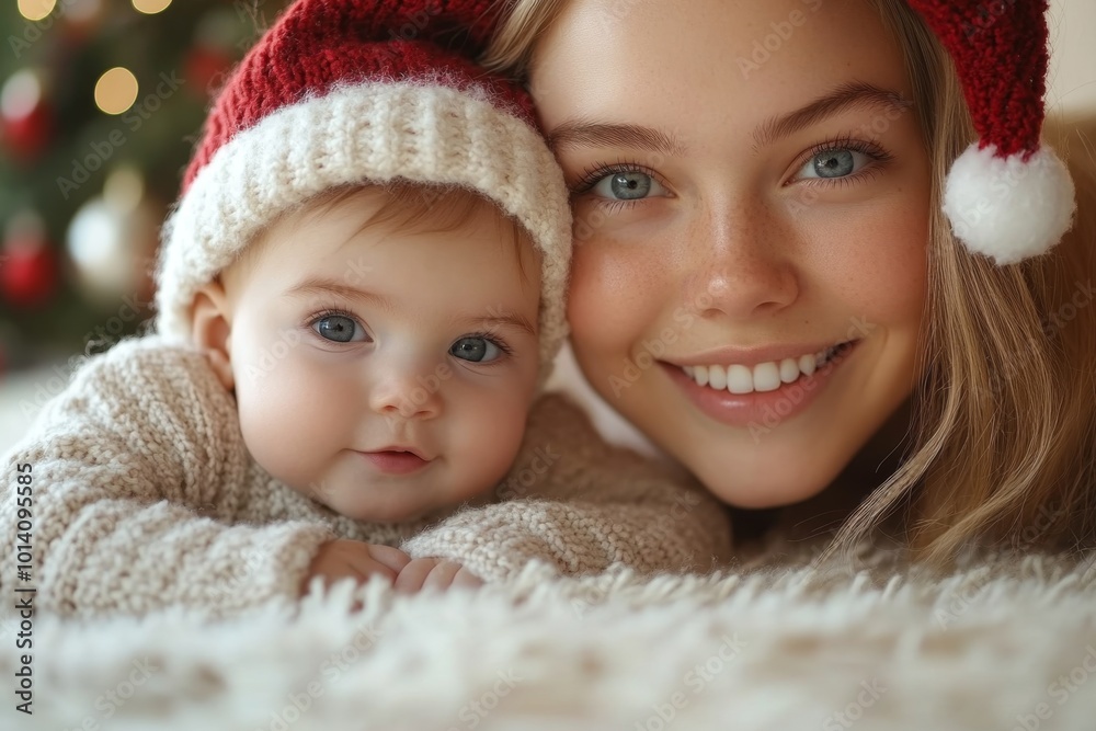Beautiful young mother and her adorable little baby in warm knitted hats and scarves on the background of the Christmas tree. Happy family concept. Beautiful young mother and her adorable little baby in warm knitted hats and scarves on the background of the Christmas tree. Happy family concept.