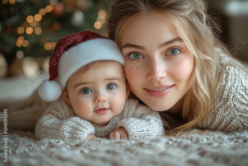 Beautiful young mother and her adorable little baby in warm knitted hats and scarves on the background of the Christmas tree. Happy family concept.