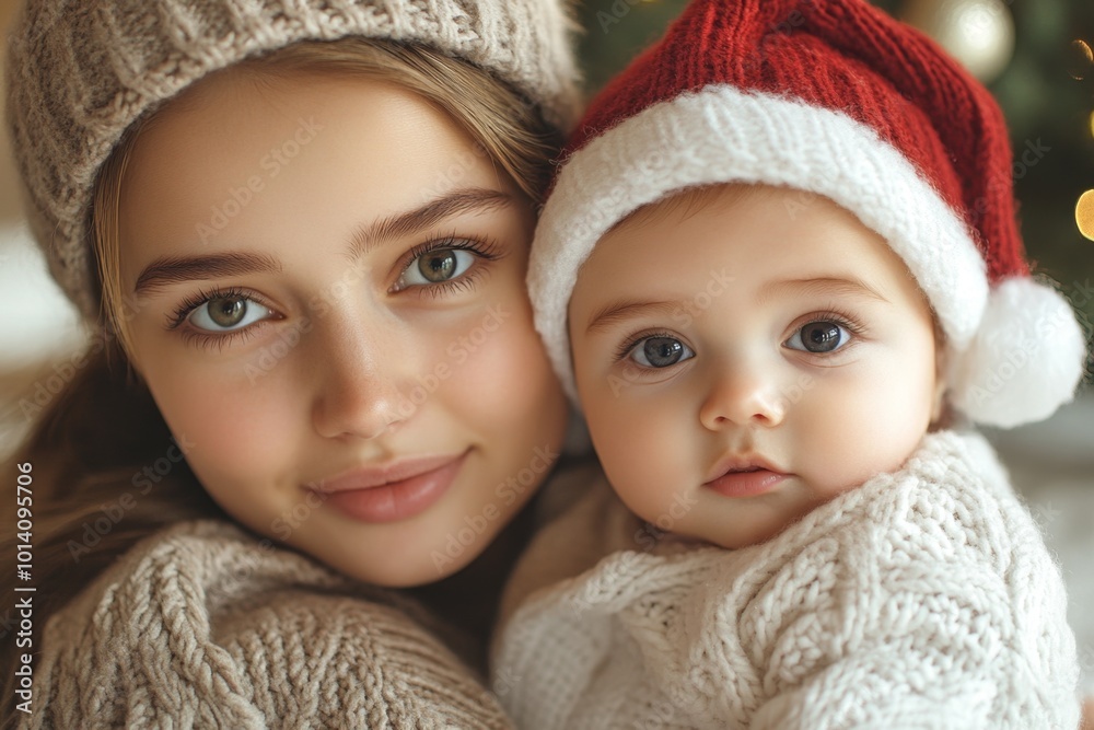 Beautiful young mother and her adorable little baby in warm knitted hats and scarves on the background of the Christmas tree. Happy family concept. Beautiful young mother and her adorable little baby in warm knitted hats and scarves on the background of the Christmas tree. Happy family concept.