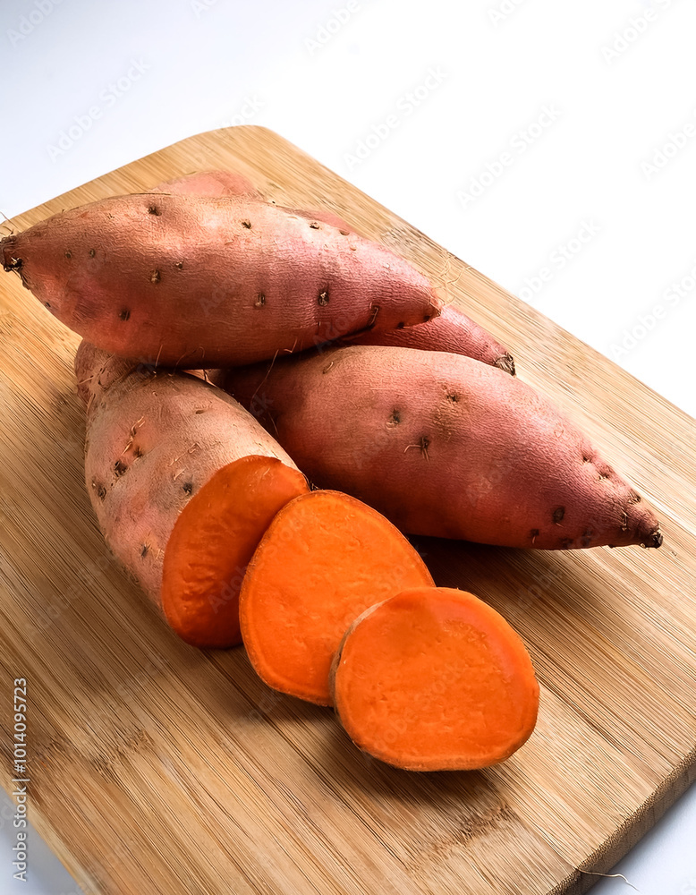 sweet potatoes with orange skin placed on a cutting board on a white background sweet potatoes with orange skin placed on a cutting board on a white background