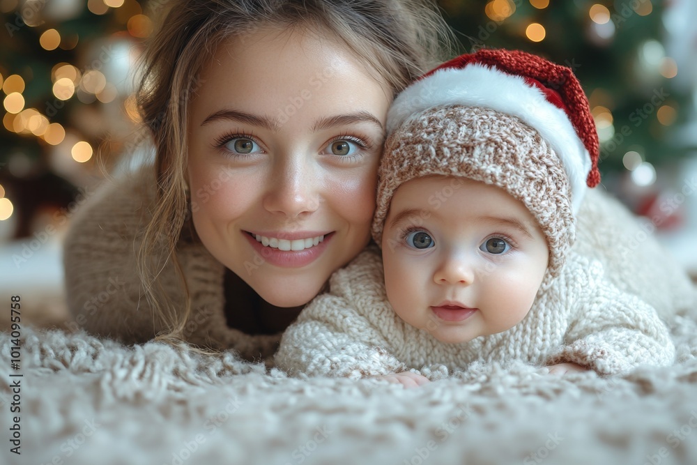 Beautiful young mother and her adorable little baby in warm knitted hats and scarves on the background of the Christmas tree. Happy family concept. Beautiful young mother and her adorable little baby in warm knitted hats and scarves on the background of the Christmas tree. Happy family concept.