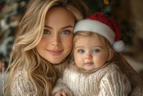 Beautiful young mother and her adorable little baby in warm knitted hats and scarves on the background of the Christmas tree. Happy family concept.