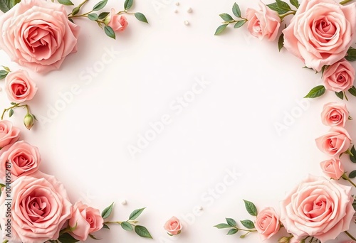 Fototapeta Naklejka Na Ścianę i Meble -  Delicate pink roses surround a blank space, perfect for writing personal messages. This lovely floral arrangement adds elegance to any occasion. Background for birthday, mother day, valentine day. AI