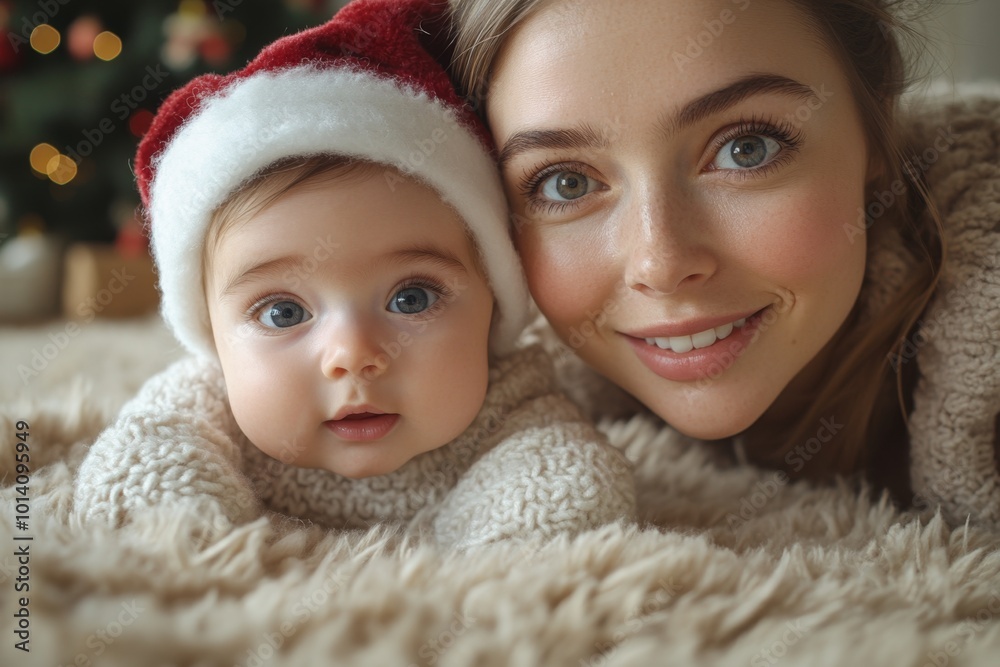 Beautiful young mother and her adorable little baby in warm knitted hats and scarves on the background of the Christmas tree. Happy family concept. Beautiful young mother and her adorable little baby in warm knitted hats and scarves on the background of the Christmas tree. Happy family concept.