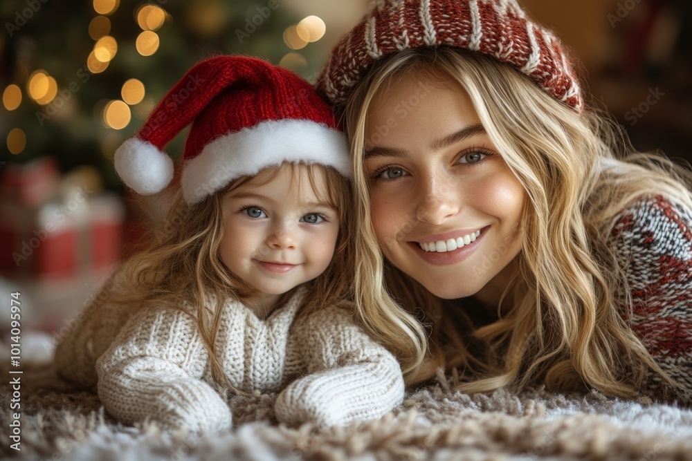 Beautiful young mother and her adorable little baby in warm knitted hats and scarves on the background of the Christmas tree. Happy family concept. Beautiful young mother and her adorable little baby in warm knitted hats and scarves on the background of the Christmas tree. Happy family concept.
