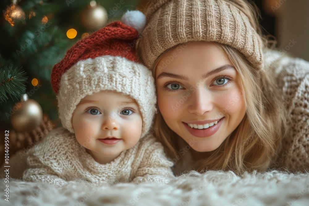 Beautiful young mother and her adorable little baby in warm knitted hats and scarves on the background of the Christmas tree. Happy family concept. Beautiful young mother and her adorable little baby in warm knitted hats and scarves on the background of the Christmas tree. Happy family concept.