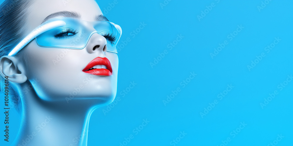 A fashionable beauty with a blue neck and white choker, light makeup, red lips, eyes closed, against a blue background A fashionable beauty with a blue neck and white choker, light makeup, red lips, eyes closed, against a blue background