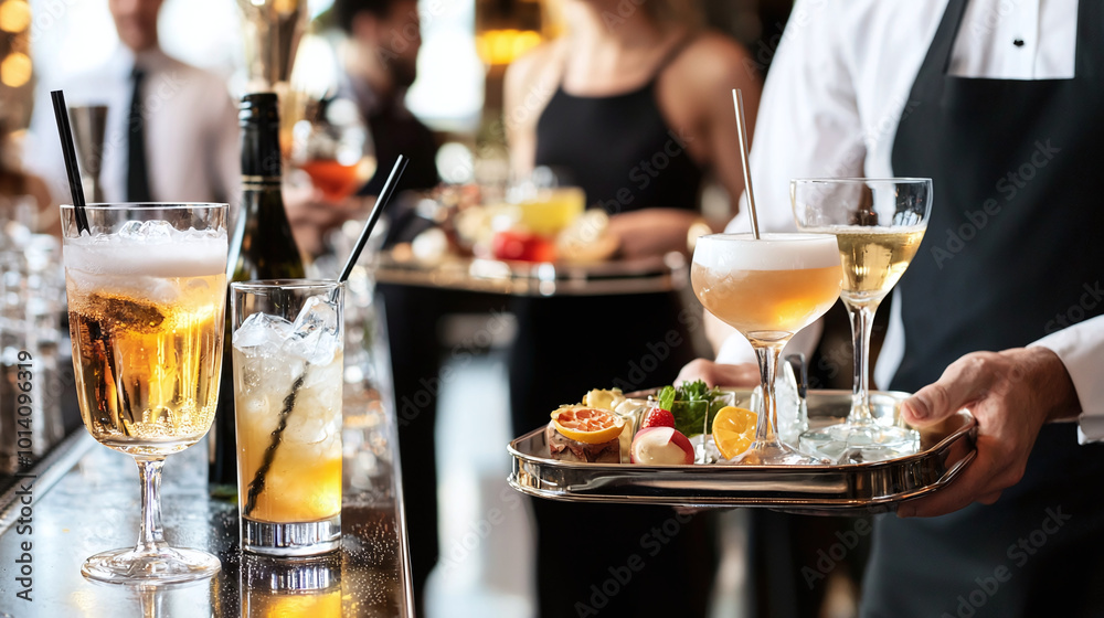 guests enjoying a cocktail reception, with servers circulating with trays of drinks and appetizers, guests enjoying a cocktail reception, with servers circulating with trays of drinks and appetizers,