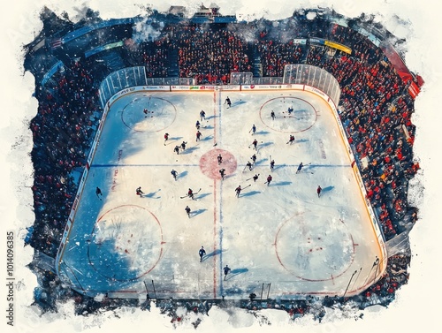 Hockey players are playing on the ice in a stadium photo