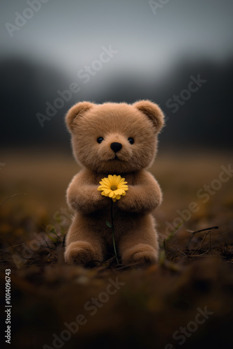 animal by ai // teddy bear holding a yellow flower in its paws, standing on ground with blurry background, autumn colors, photorealistic