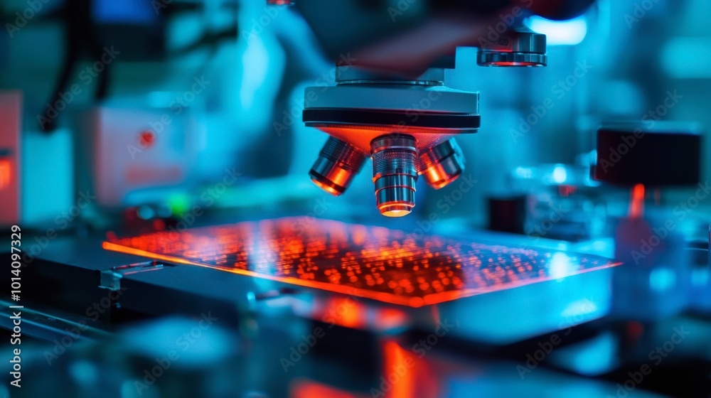 A solar cell under a microscope in a research lab, with scientists discussing its structure and efficiency. A solar cell under a microscope in a research lab, with scientists discussing its structure and efficiency.