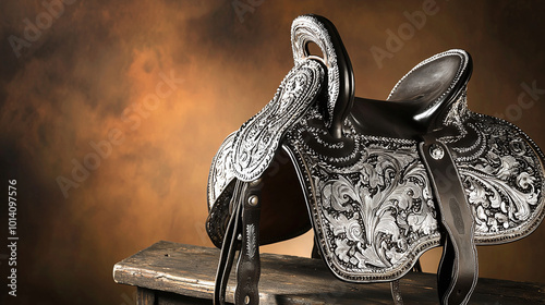 an ornate Western saddle with silver accents, placed on a distressed table
