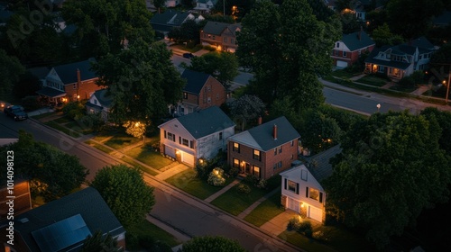 A suburban neighborhood during a power outage, with one house brightly lit thanks to its solar power system.