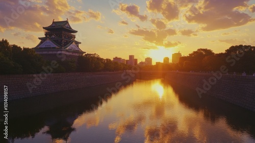 A sunset view of Osaka Castle with the golden hues of the sky reflecting in the surrounding moat.