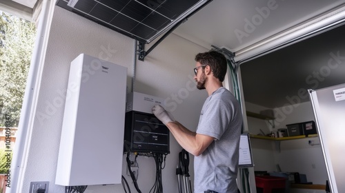 A technician installing a solar battery storage system in a residential garage, showcasing a complete home energy solution.