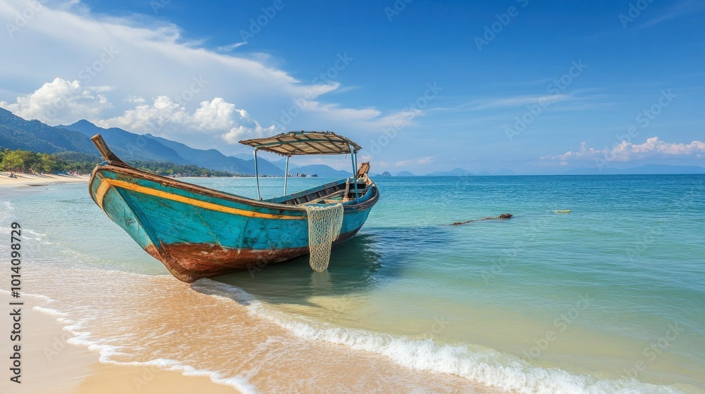 A traditional Vietnamese fishing boat anchored on a calm beach, with nets drying in the sun. A traditional Vietnamese fishing boat anchored on a calm beach, with nets drying in the sun.
