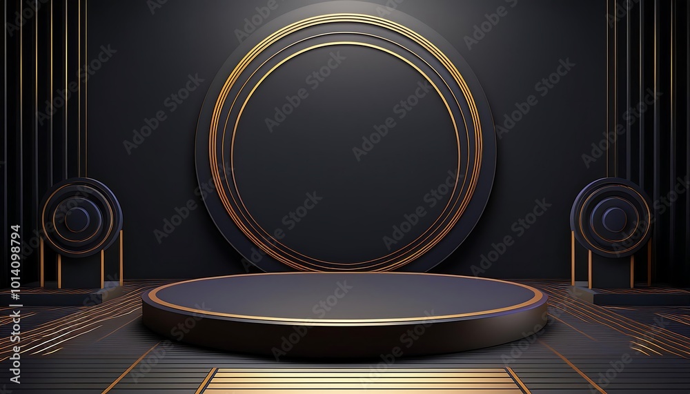 3D podium display. Christmas background for beauty product presentation or text. Green pine wreath with lights and gold confetti. Luxury pedestal showcase round frame. 3D render winter mockup. 3D podium display. Christmas background for beauty product presentation or text. Green pine wreath with lights and gold confetti. Luxury pedestal showcase round frame. 3D render winter mockup.