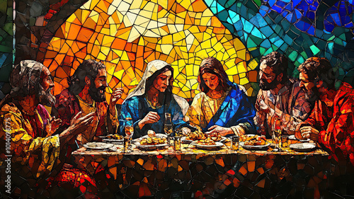 Supper at Emmaus painting on mozaic ceramic church glass style