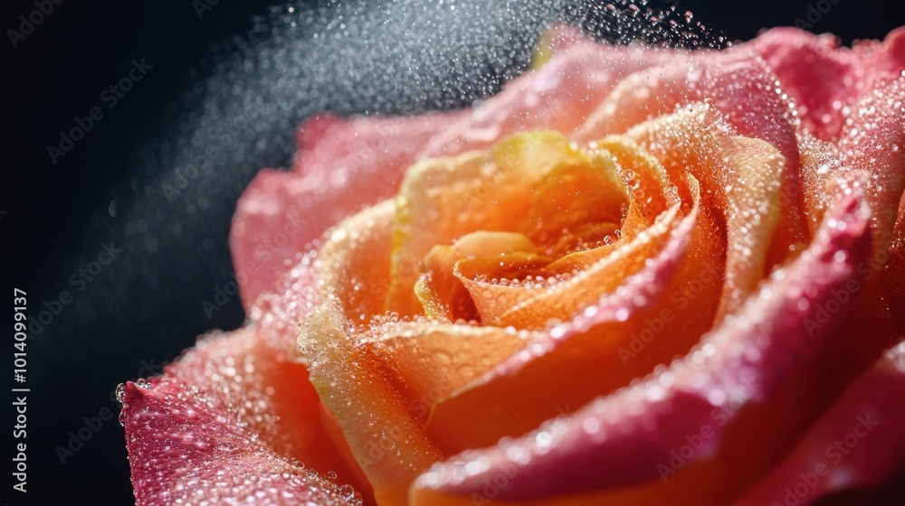 A vibrant close-up of a rose bouquet being watered with a spray bottle, capturing droplets as they hit the petals. A vibrant close-up of a rose bouquet being watered with a spray bottle, capturing droplets as they hit the petals.