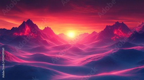 Sunset over surreal mountain landscape with vibrant colors, dreamlike vision. Fantasy nature and inspirational concept