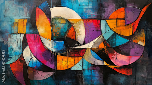 Abstract painting with geometric shapes and vibrant colors representing creativity. Generative AI.