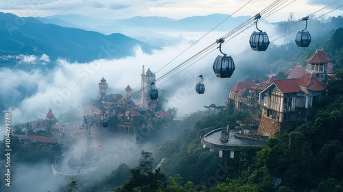 A view of Ba Na Hills, with the French-style village and famous cable cars ascending into the misty mountains.