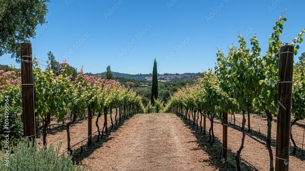 A vineyard in full bloom with grapevines growing along wooden trellises under a cloudless sky. A vineyard in full bloom with grapevines growing along wooden trellises under a cloudless sky.