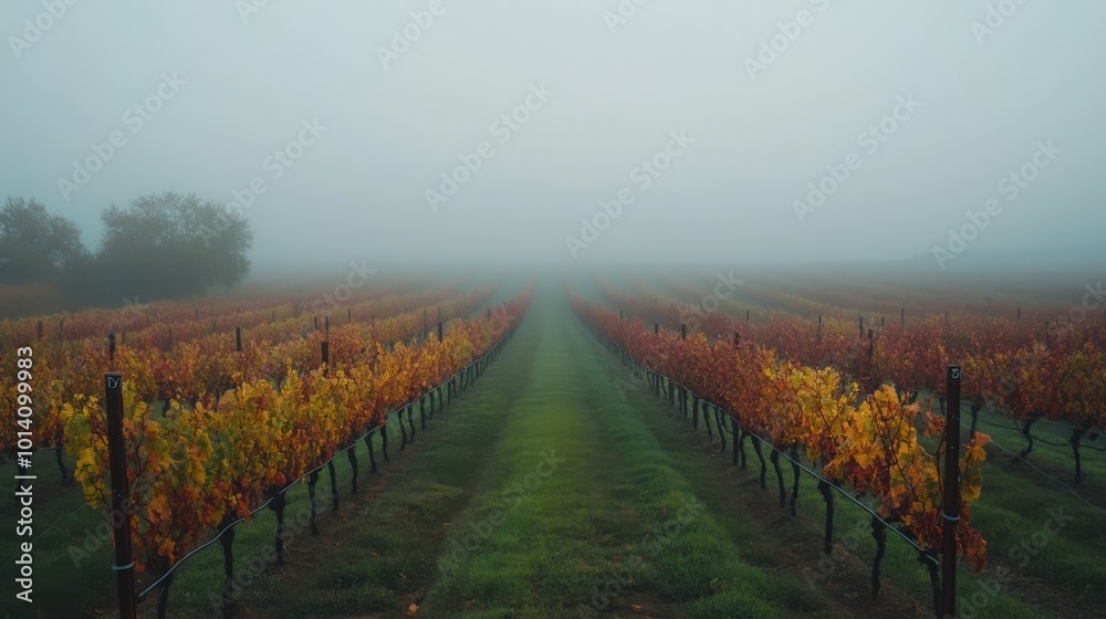 Naklejka premium A vineyard in the early morning fog, with rows of grapevines disappearing into the misty distance.