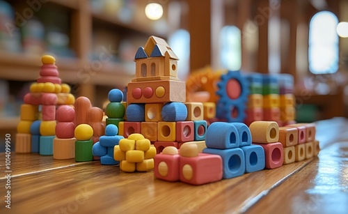 A group of colorful blocks on a brown woden table.

