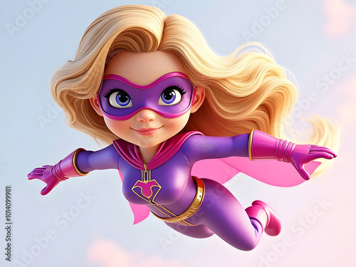 Confident young girl with wavy blond hair flying in her colorful superhero outfit