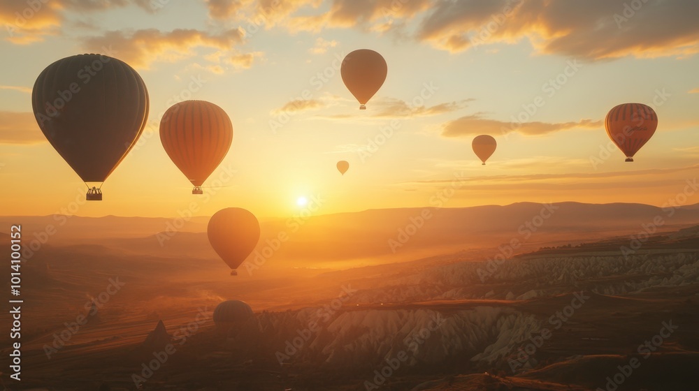 Naklejka premium A wide shot of hot air balloons in various shades of orange floating above a scenic landscape during sunrise.