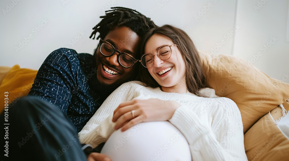 © Nedrofly - Happy multi-ethnic couple enjoying time together while expecting a baby