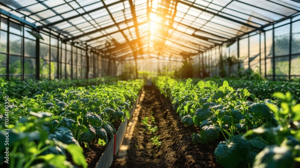 A wide-angle shot of a modern solar-powered greenhouse, with crops growing inside under the sunlight. A wide-angle shot of a modern solar-powered greenhouse, with crops growing inside under the sunlight.