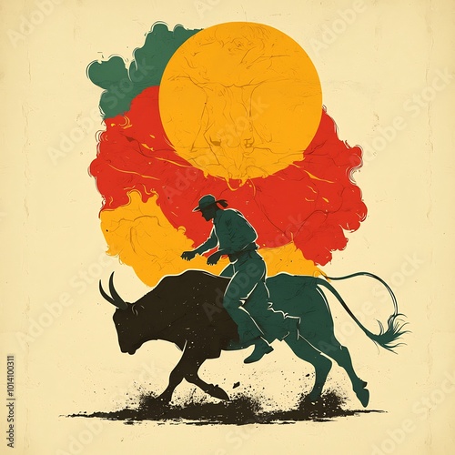 Vector illustration of bullfight in progress with the bull charging and the fighter evading done in a vibrant and minimalistic style on a white background photo