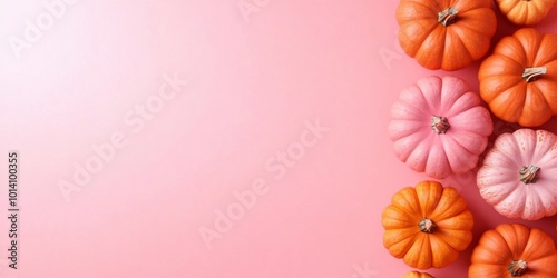 A collection of colorful pumpkins on a pink background. photo